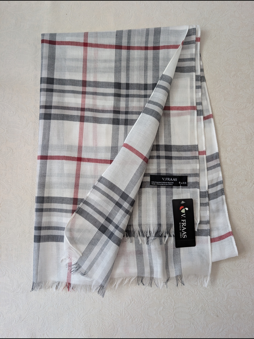 V. FRAAS Women's Plaid Woven Fringe Rectangle Scarf Polyester White Gray Red
